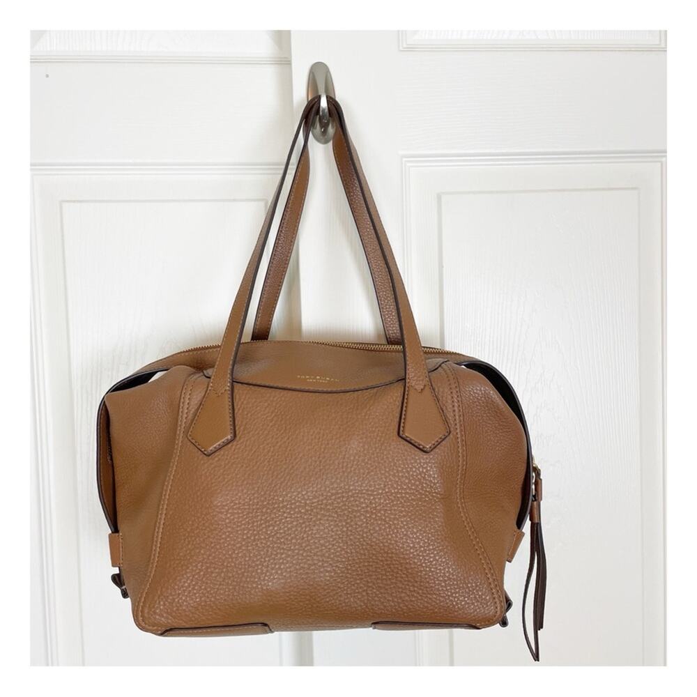 Tory Burch Perry Moose Brown Satchel Pebbled Leather Zip Top Shoulder Bag
